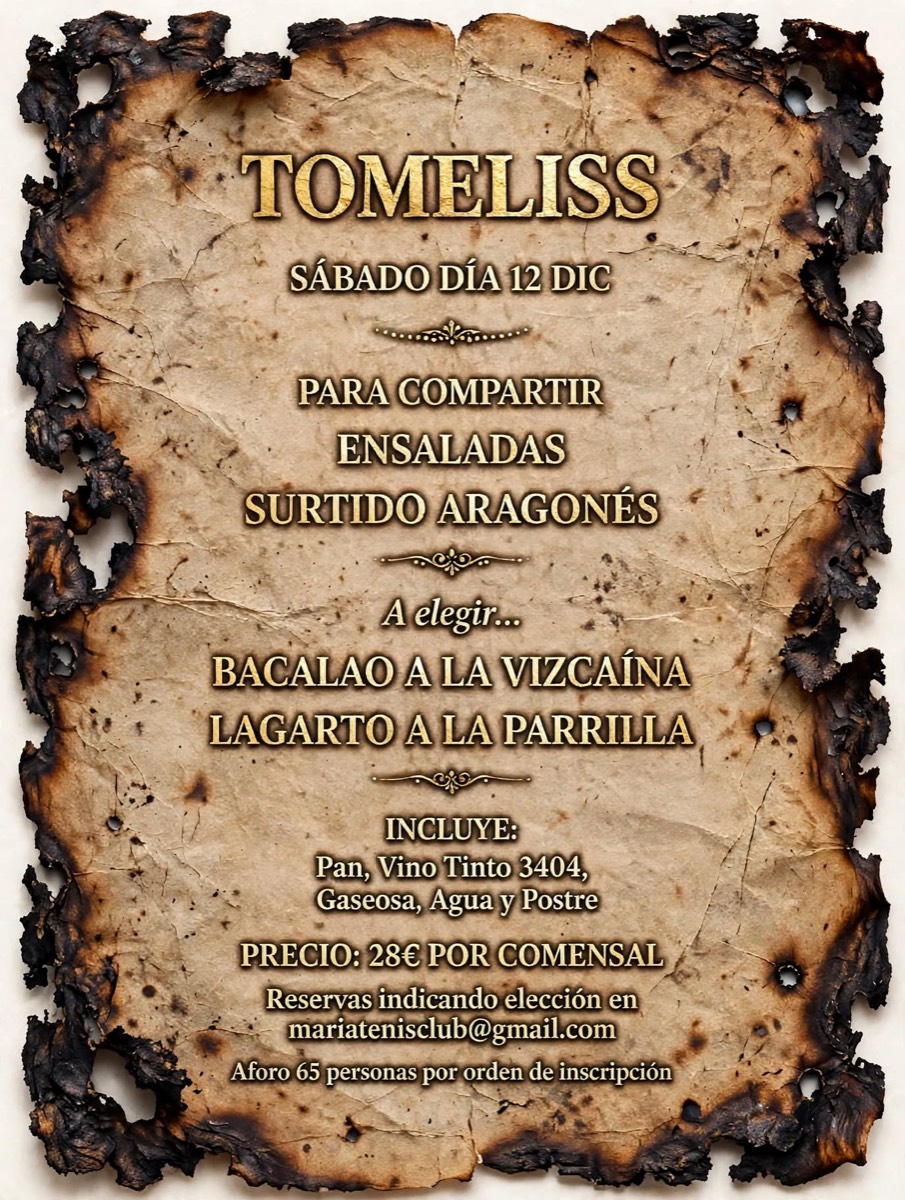 Menú de la comida de Navidad 2026 en Tomeliss: sábado 12 de diciembre, 28 € por comensal